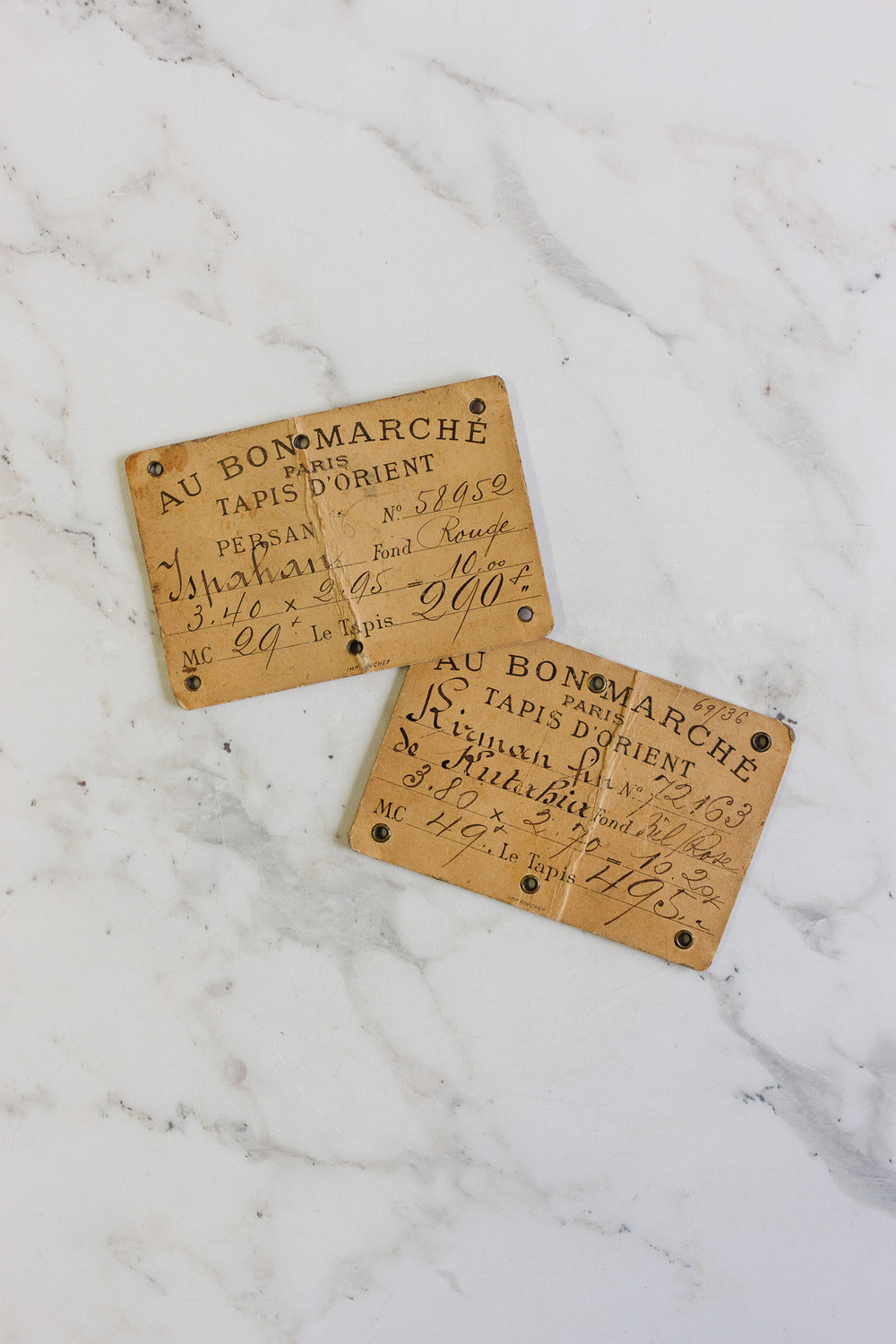 antique french "au bon marché" carpet cardstock handwritten price tags