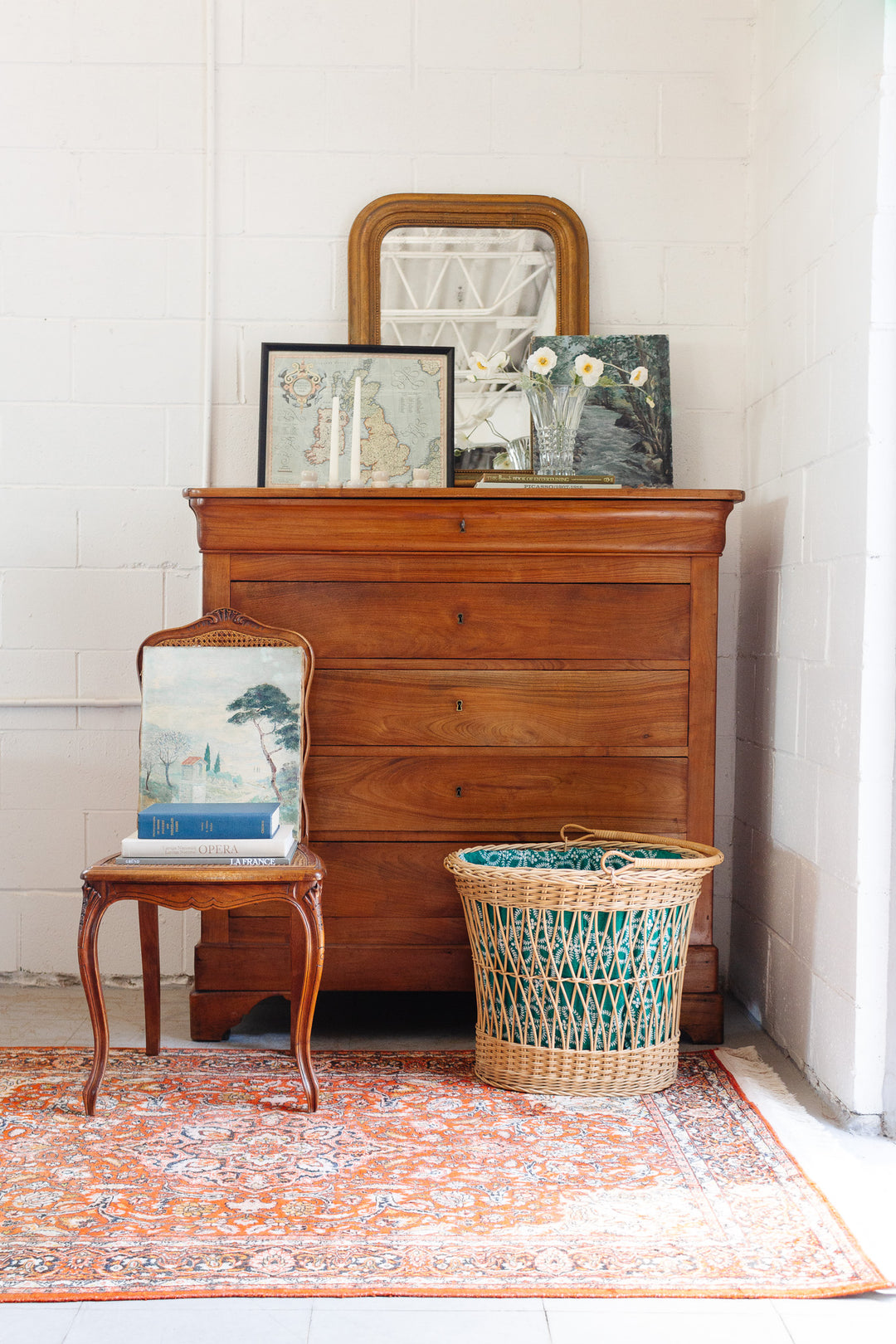 1930s French open weave baguette basket with vintage fabric lining