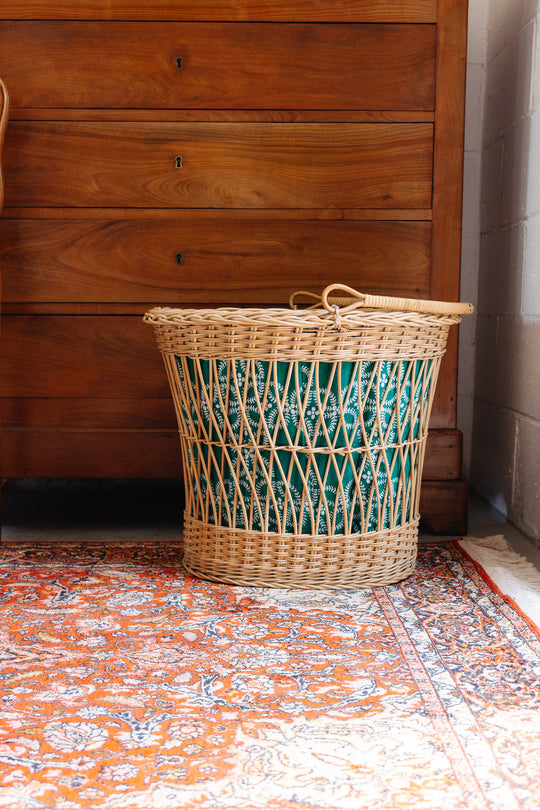 1930s French open weave baguette basket with vintage fabric lining