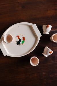 1940s french longwy set of 5 "les coqs" eggcups and tray