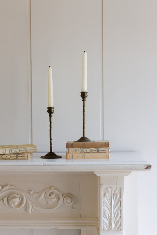 pair of antique french slender art deco brass candlesticks