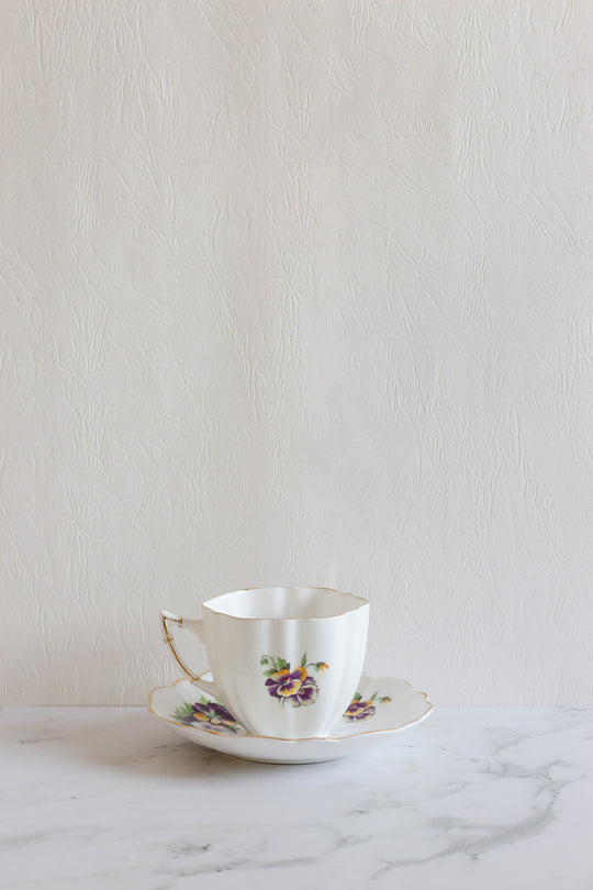 Victoria c&e pansies teacup and saucer