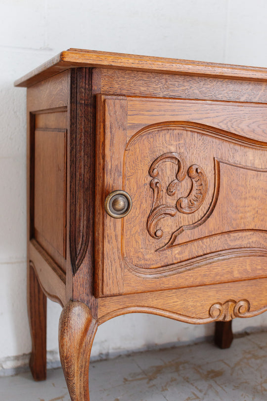 pair of vintage french louis xvi style oak nightstands