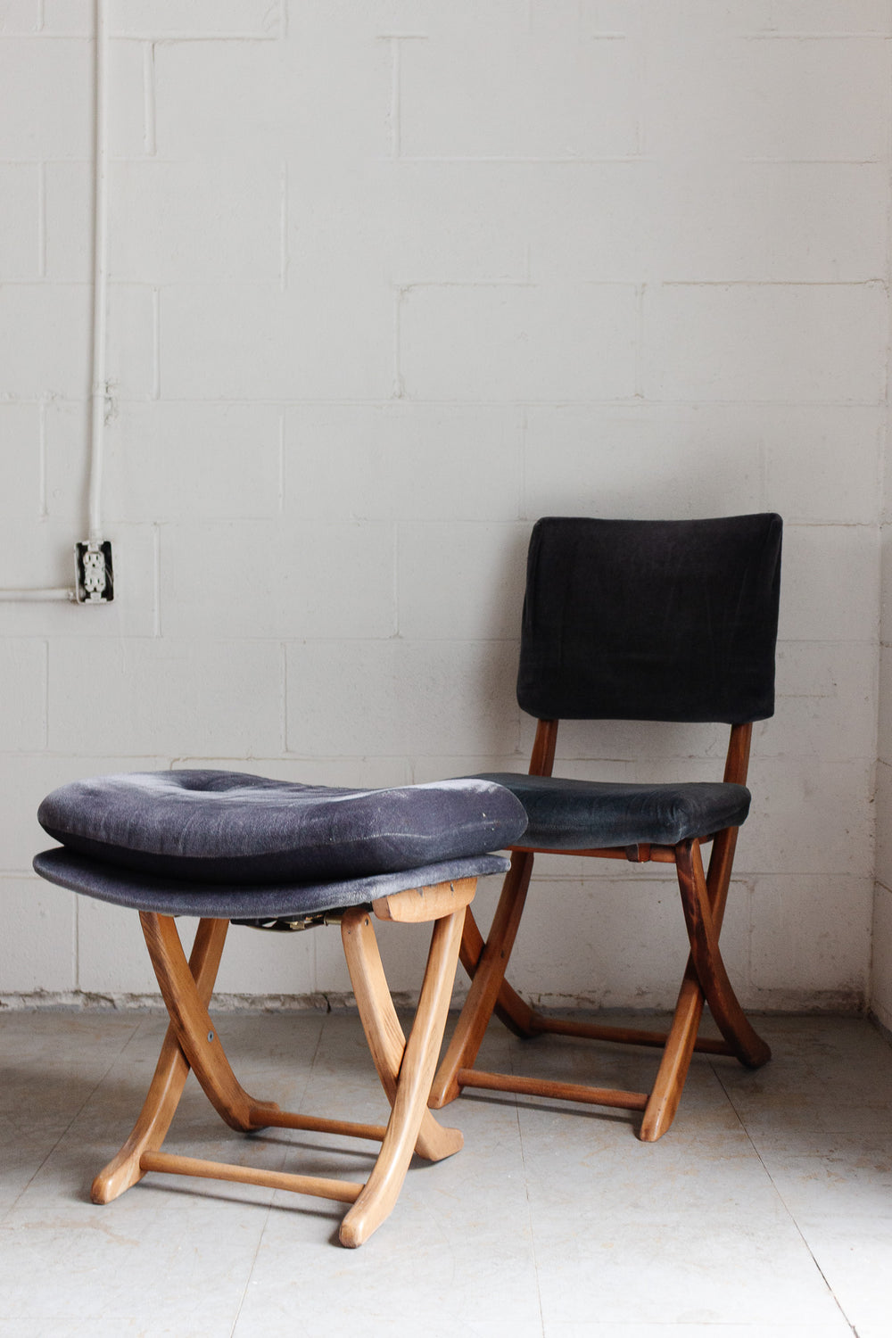 midcentury french folding wood chair and matching ottoman