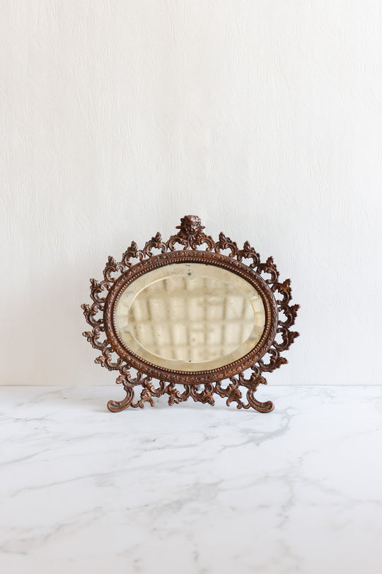 antique french standing brass cherub standing mirror