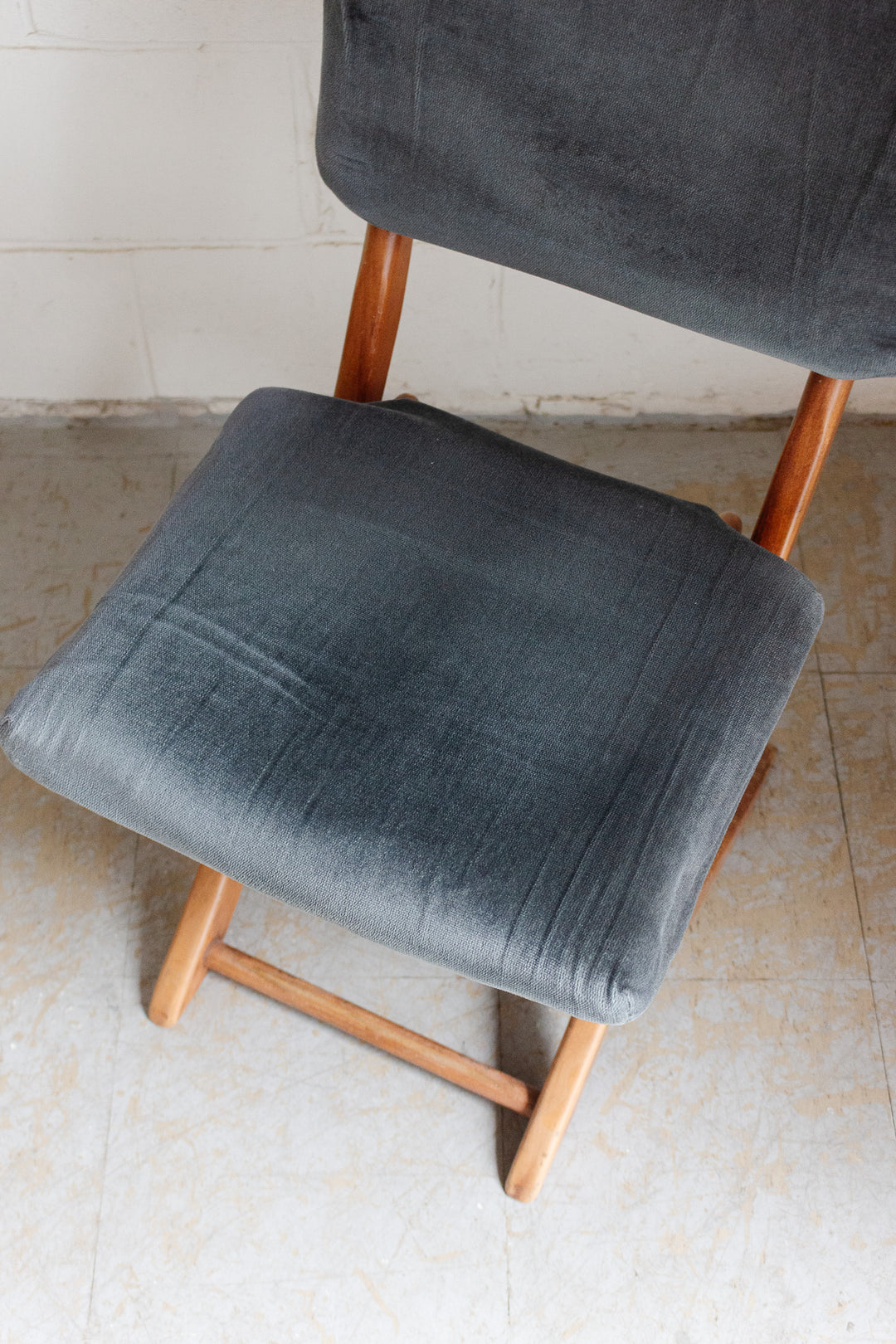 midcentury french folding wood chair and matching ottoman
