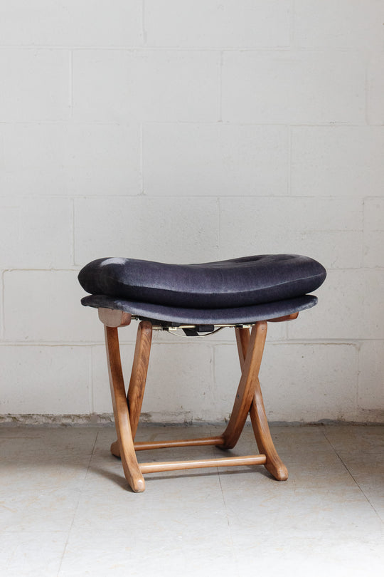 midcentury french folding wood chair and matching ottoman