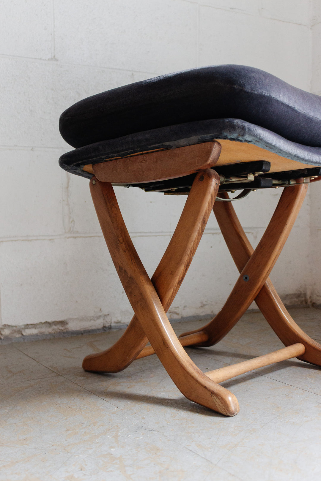 midcentury french folding wood chair and matching ottoman