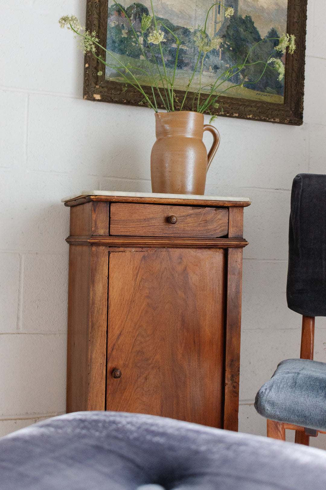 antique french single door chevet with marble top
