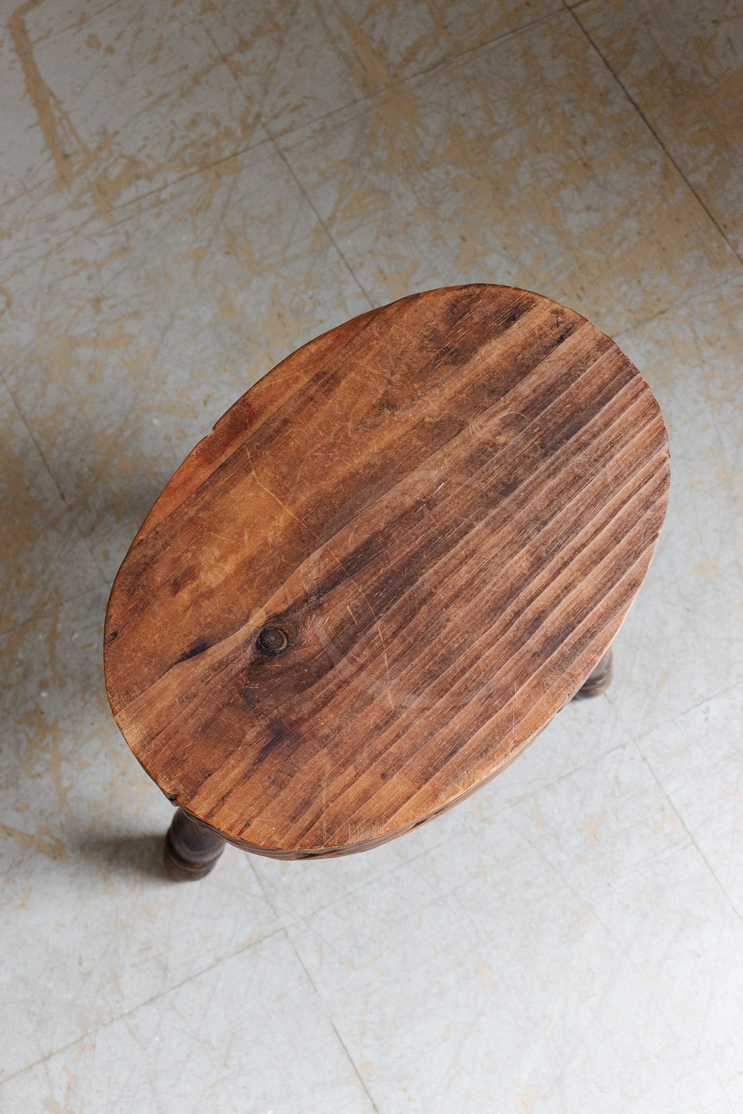 vintage french brutalist tripod stool with starburst carving