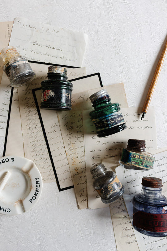 antique french glass ink bottles, set of 6