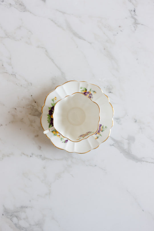 Victoria c&e pansies teacup and saucer