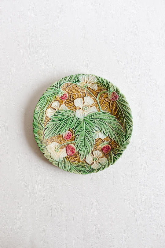 pair of early 1900 french majolica barbotine strawberry plates