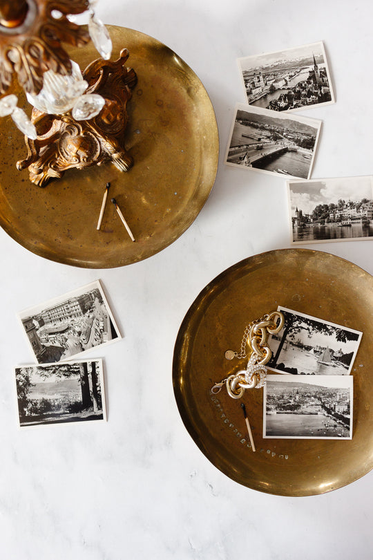 turn of the century French stamped brass boulangerie scale tray