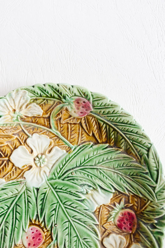 pair of early 1900 french majolica barbotine strawberry plates