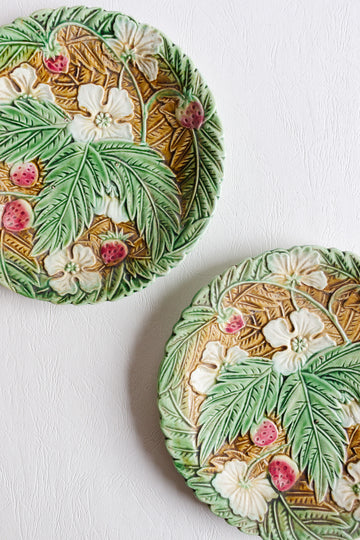 pair of early 1900 french majolica barbotine strawberry plates