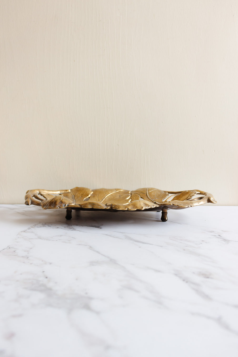 oversized 1960s french brass footed tray, "feuilles et branches"