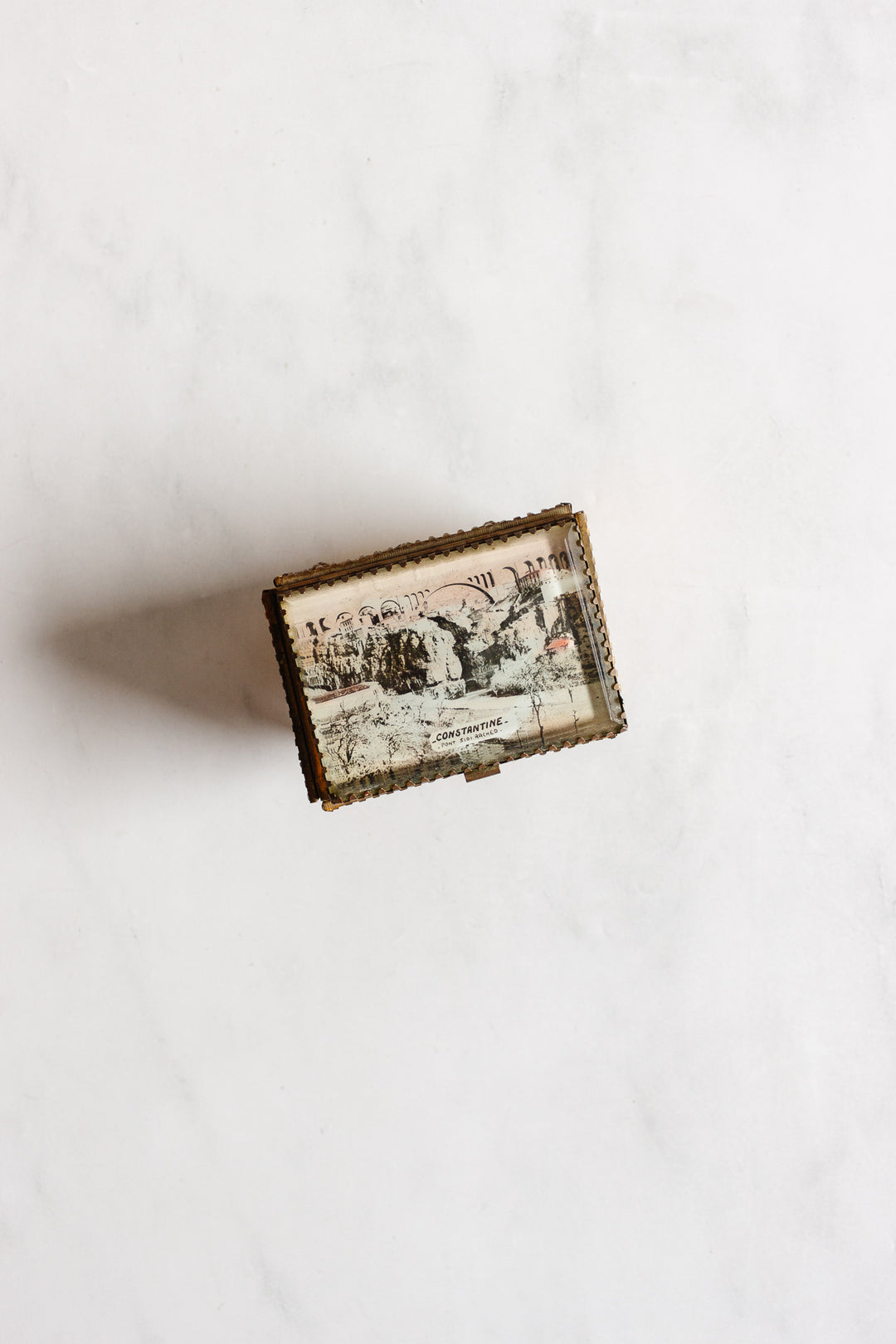 vintage french beveled glass and ormolu souvenir bijoux casket, "constantine"