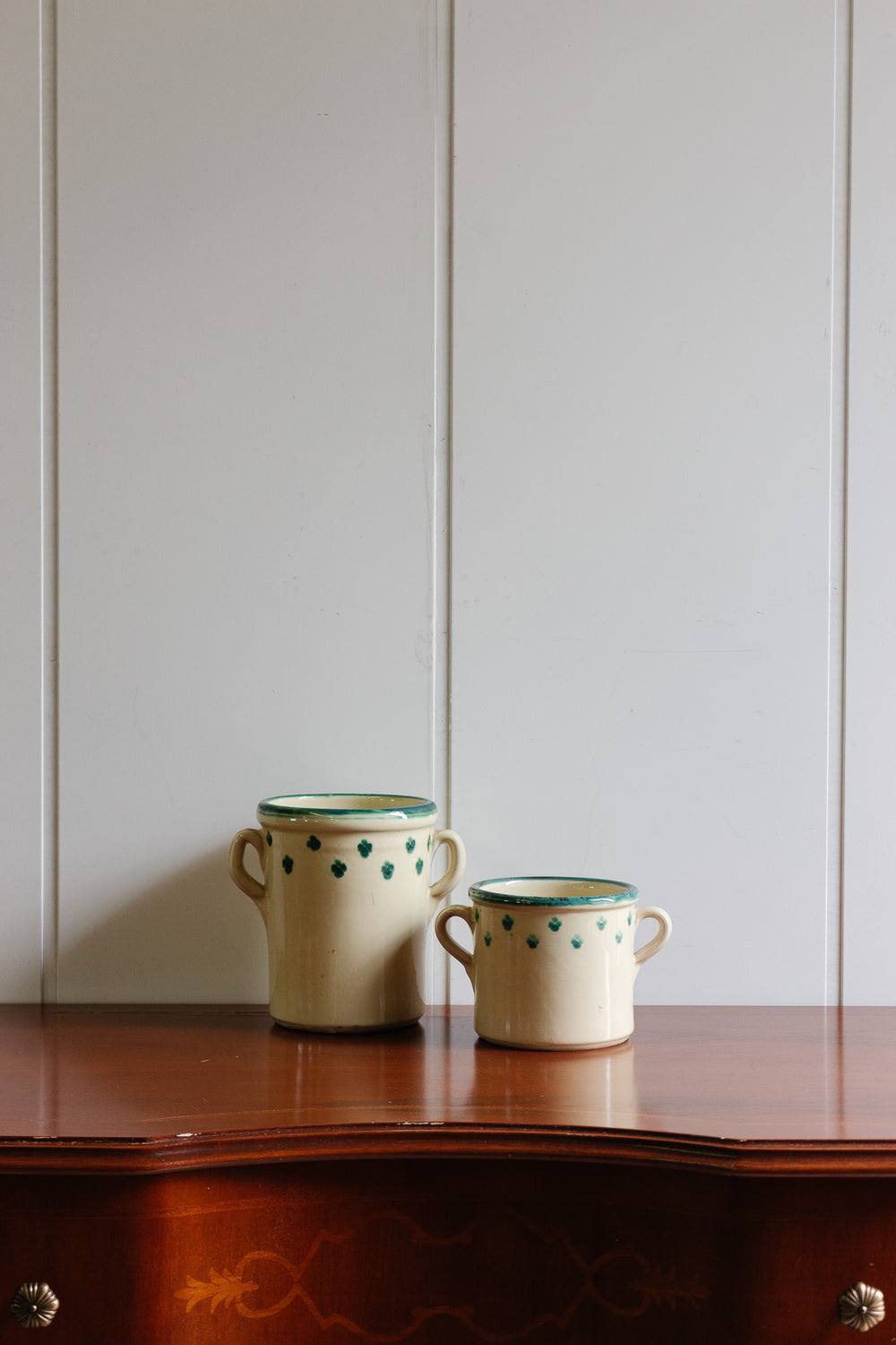 vintage french pair of clover leaf stoneware pots