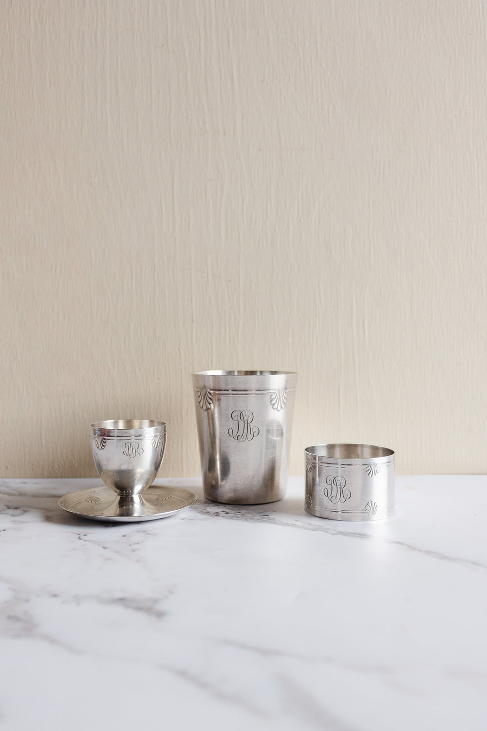 antique french silver plate monogrammed "DR" gift set