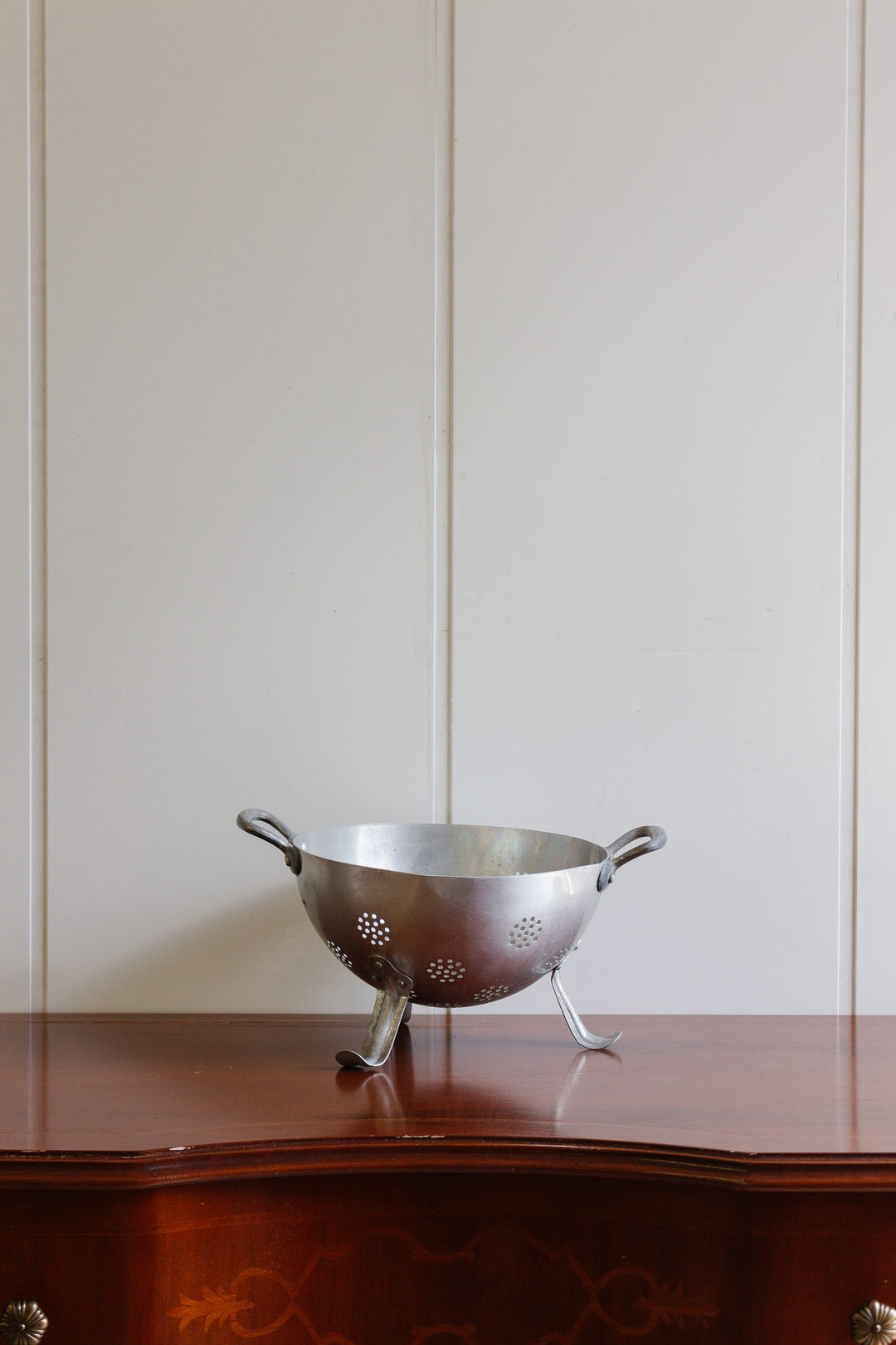 vintage french standing aluminum colander