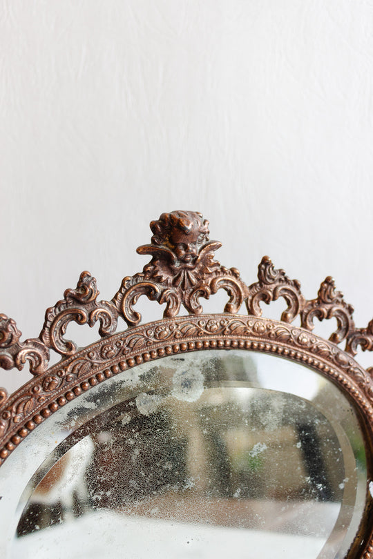 antique french standing brass cherub standing mirror