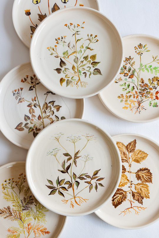 vintage french artisanal "les racines" dinner plates, set of 7