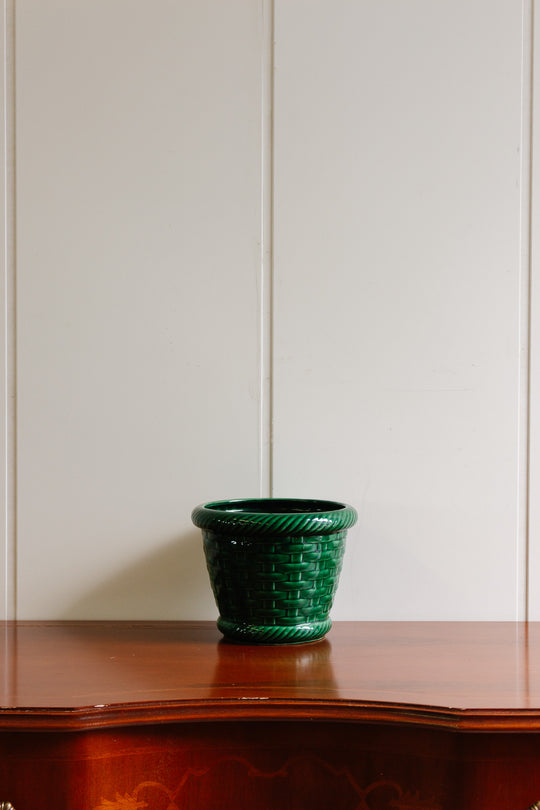 vintage french Poët-Laval vannerie france glazed stoneware pot with basketweave pattern
