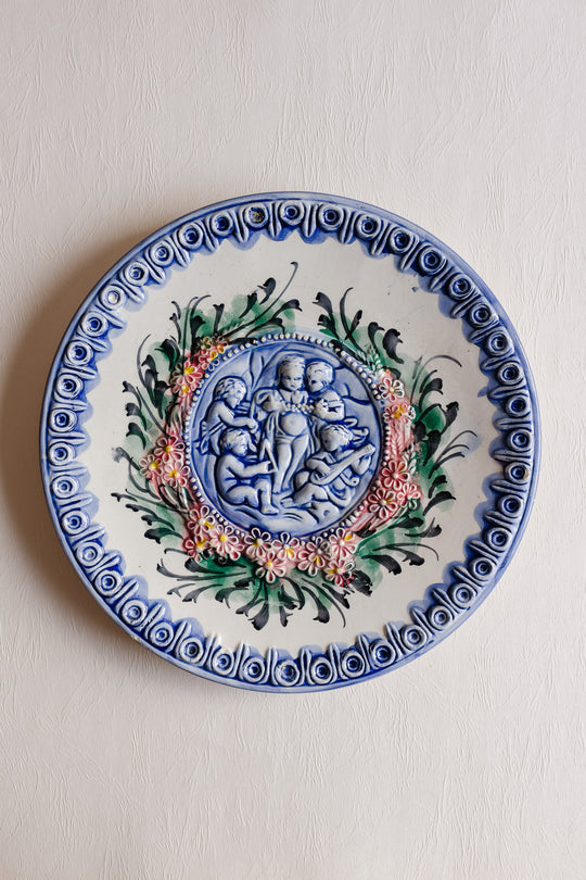 vintage french handpainted barbotine putti ceramic wall plate