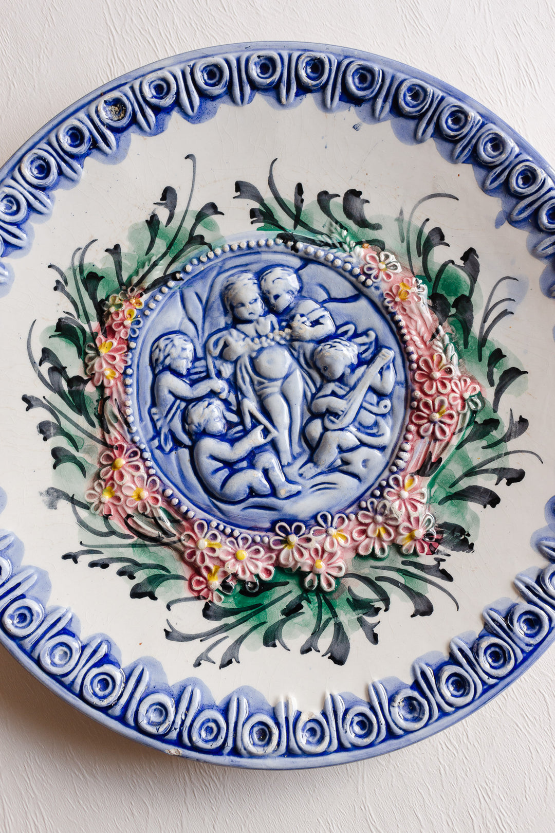 vintage french handpainted barbotine putti ceramic wall plate