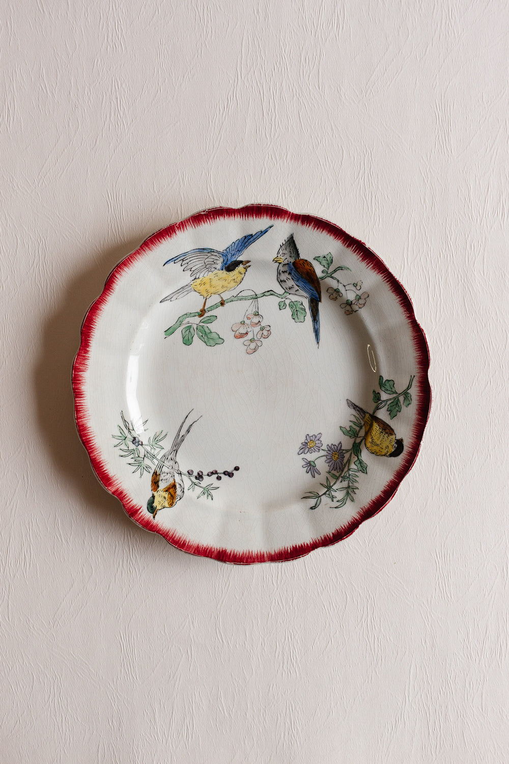 pair of antique french choisy le roi polychrome "oiseaux" plates