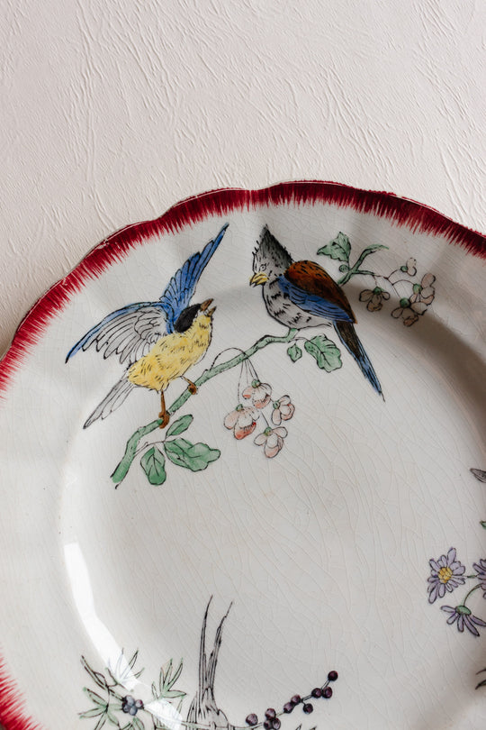 pair of antique french choisy le roi polychrome "oiseaux" plates