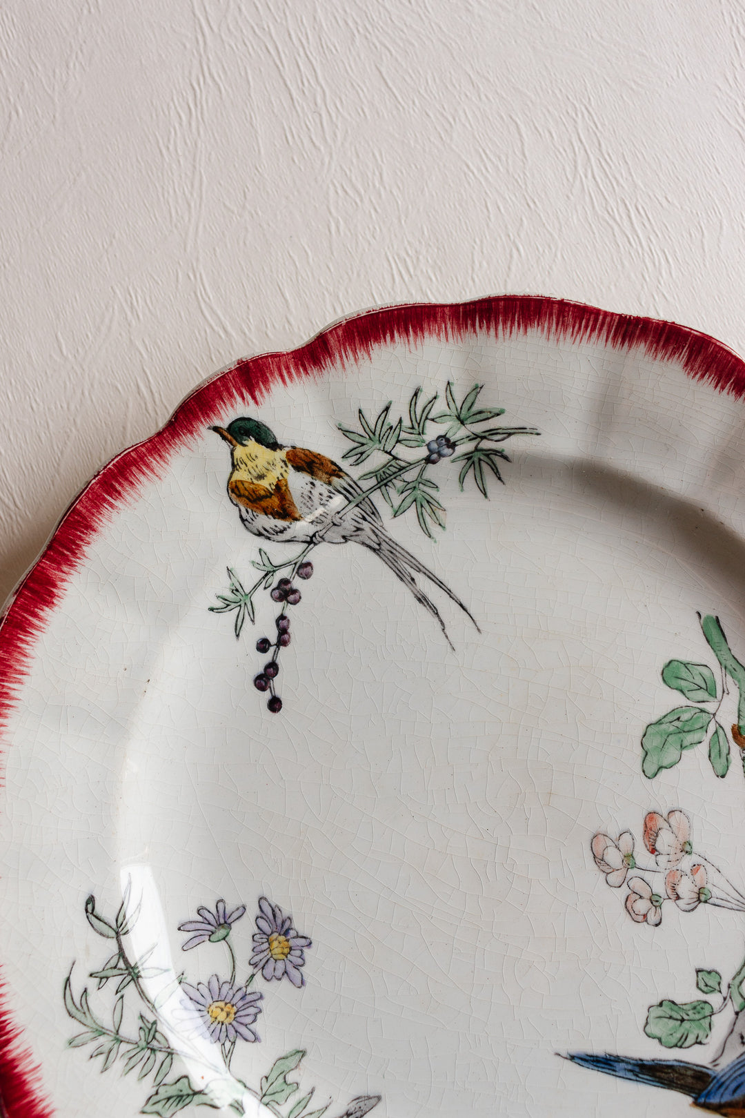 pair of antique french choisy le roi polychrome "oiseaux" plates