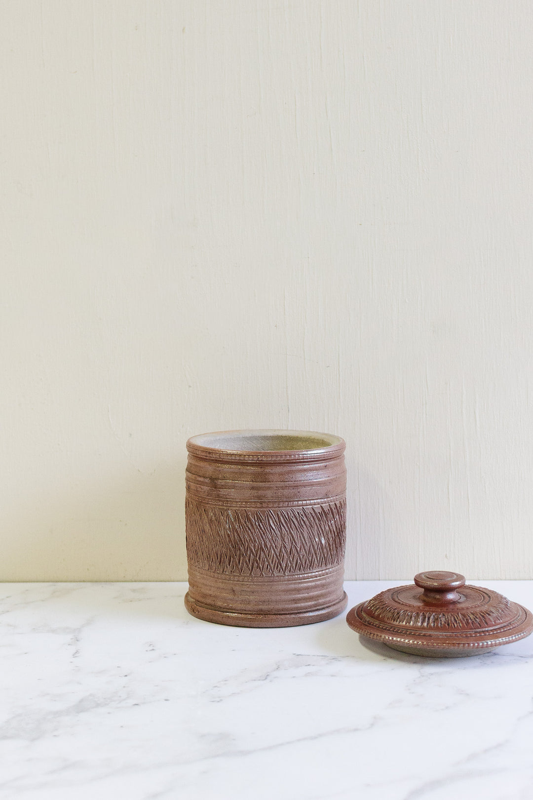 vintage french handmade lidded stoneware jar