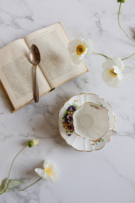 Victoria c&e pansies teacup and saucer