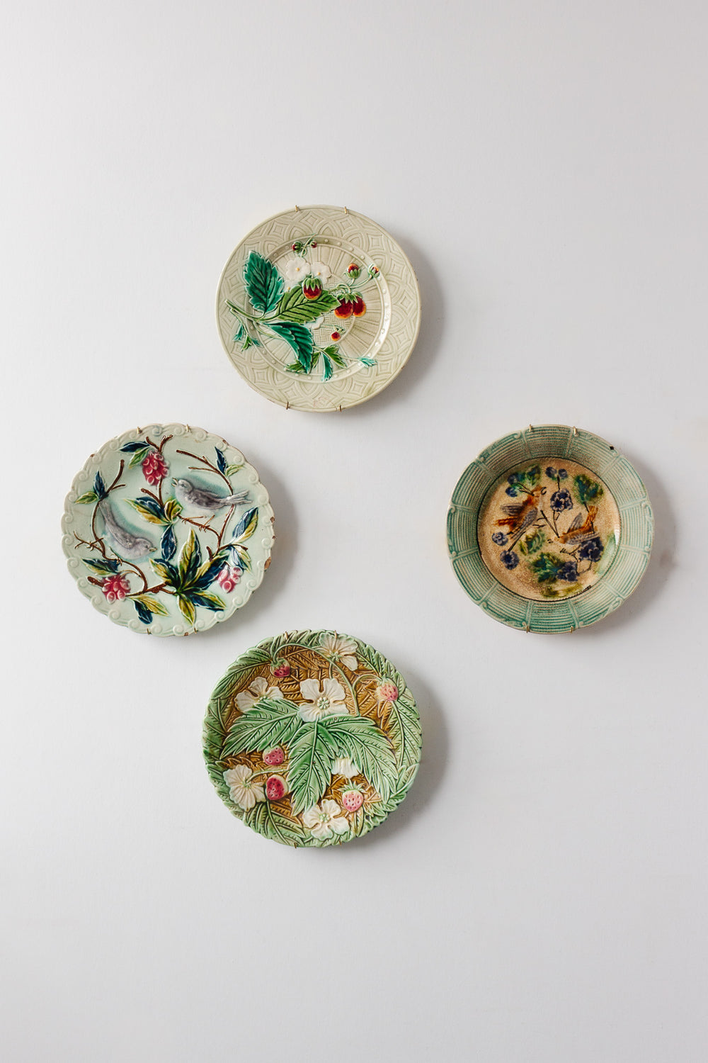 pair of early 1900 french majolica barbotine strawberry plates