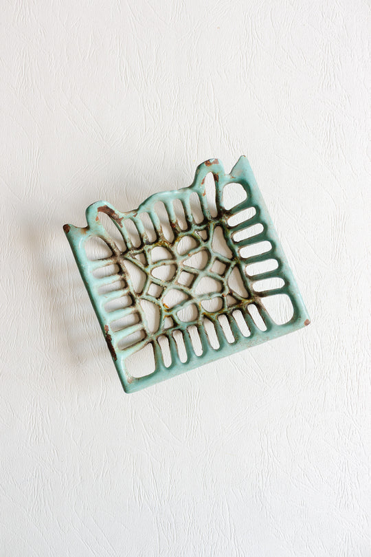 antique french cast enamel turquoise soap holder