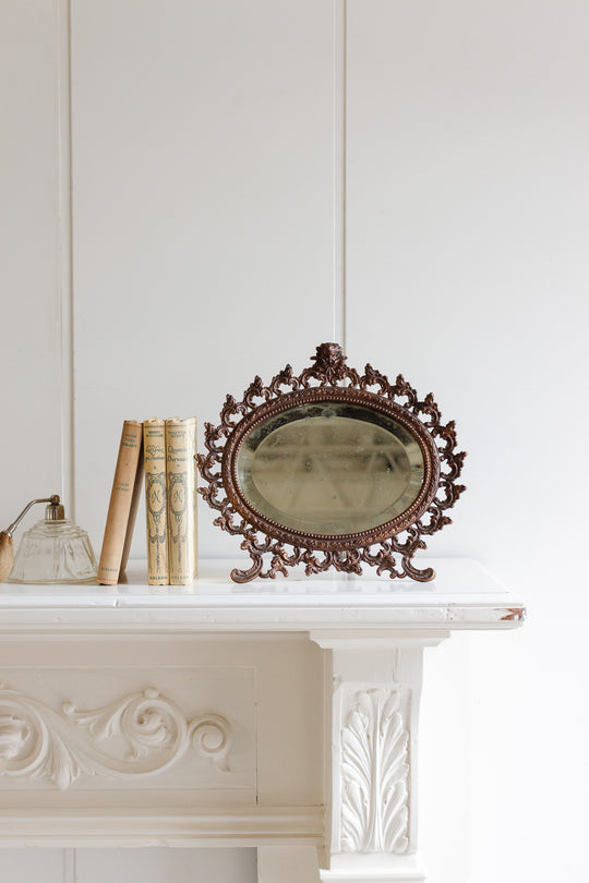 antique french standing brass cherub standing mirror