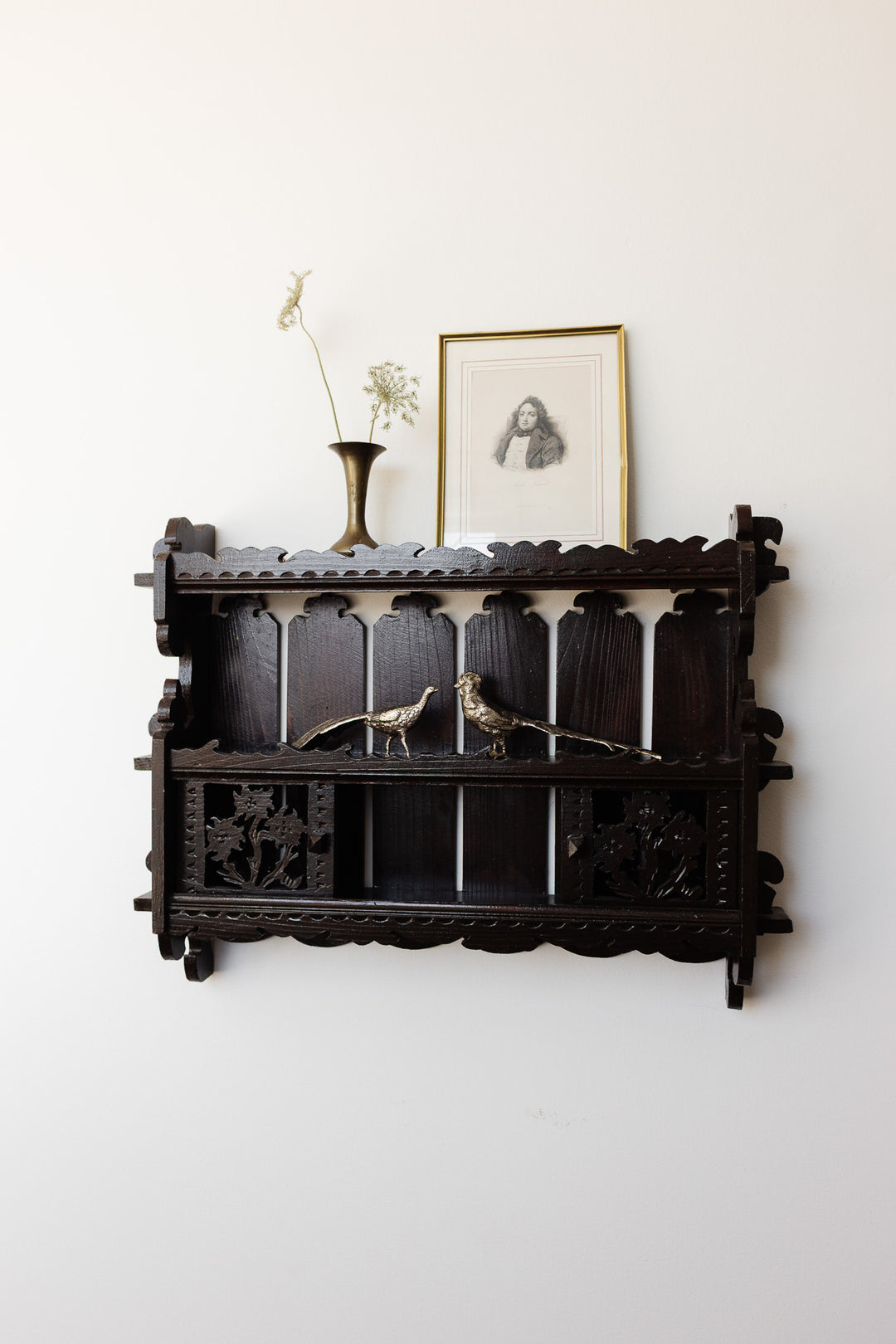 turn of the century french wooden "black forest" ornate wall mounted shelf