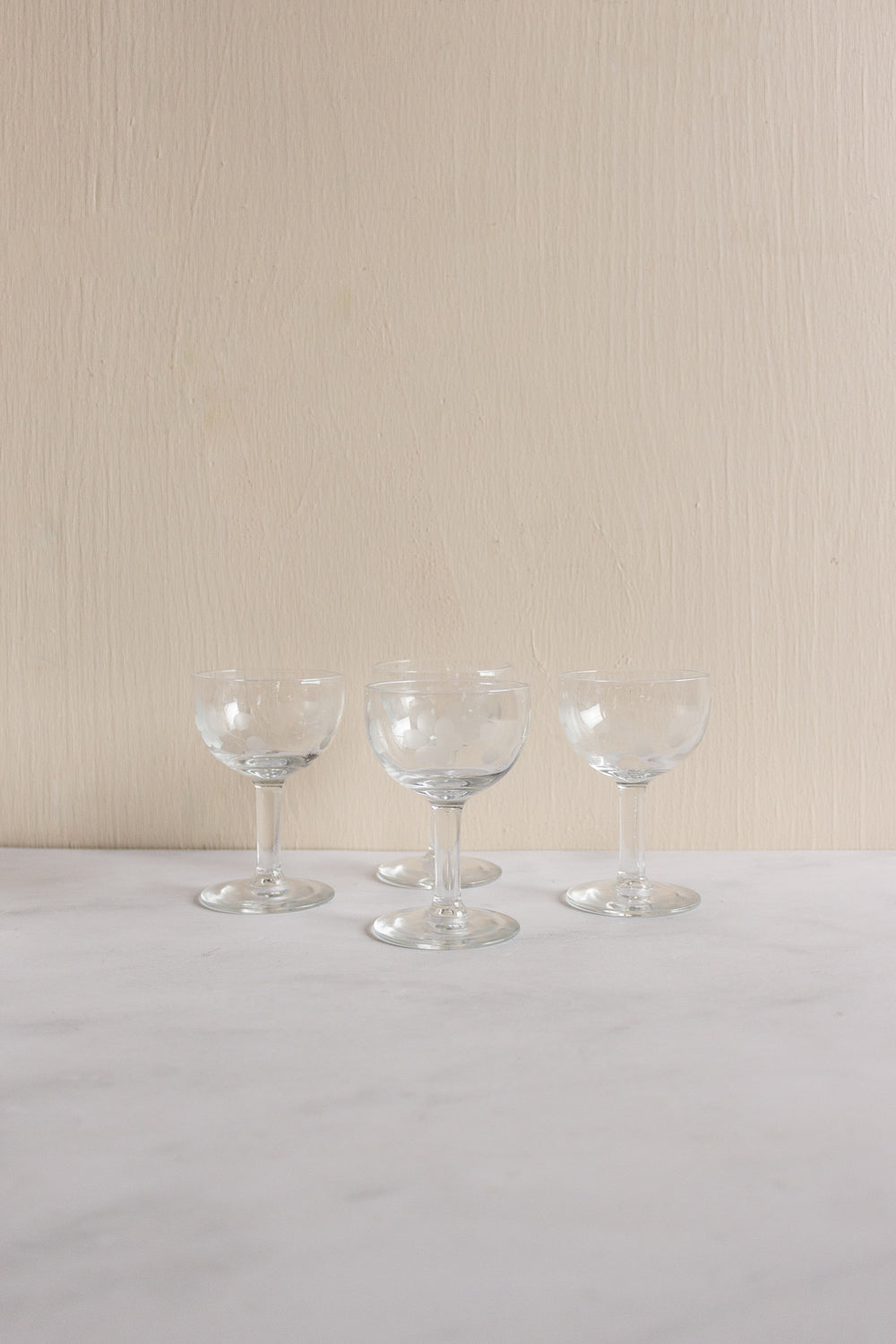 vintage french floral etched aperitif glasses, set of four