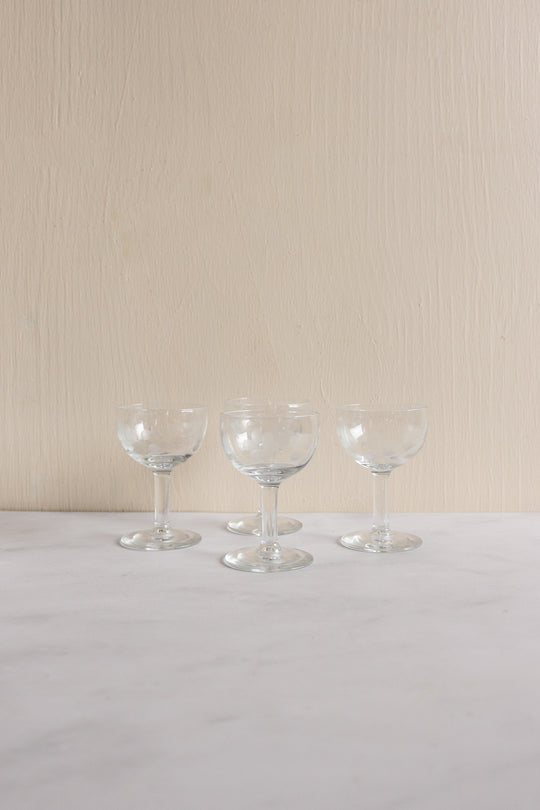 vintage french floral etched aperitif glasses, set of four