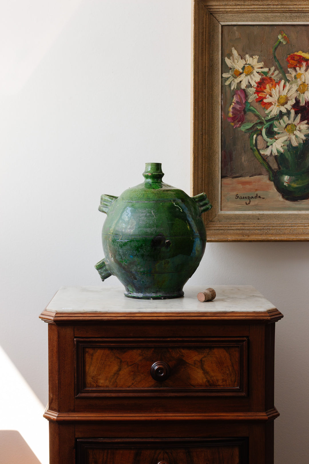 rare 19th century green glazed terracotta conscience jug