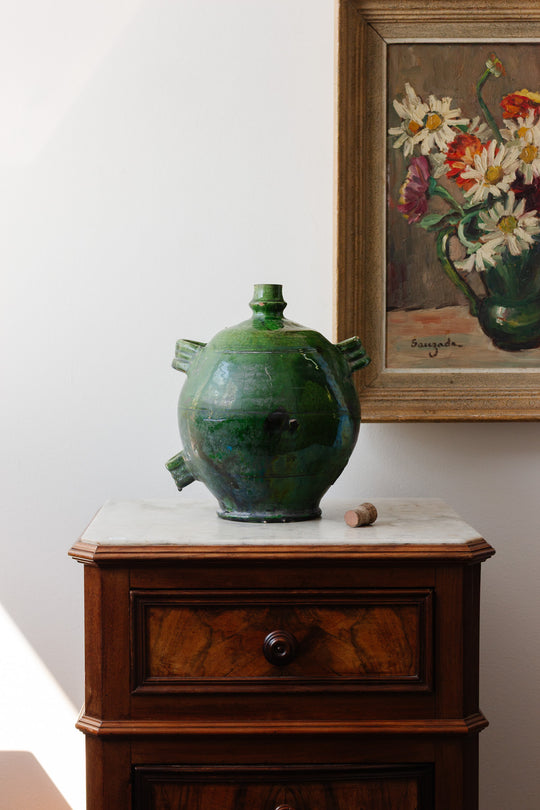 rare 19th century green glazed terracotta conscience jug