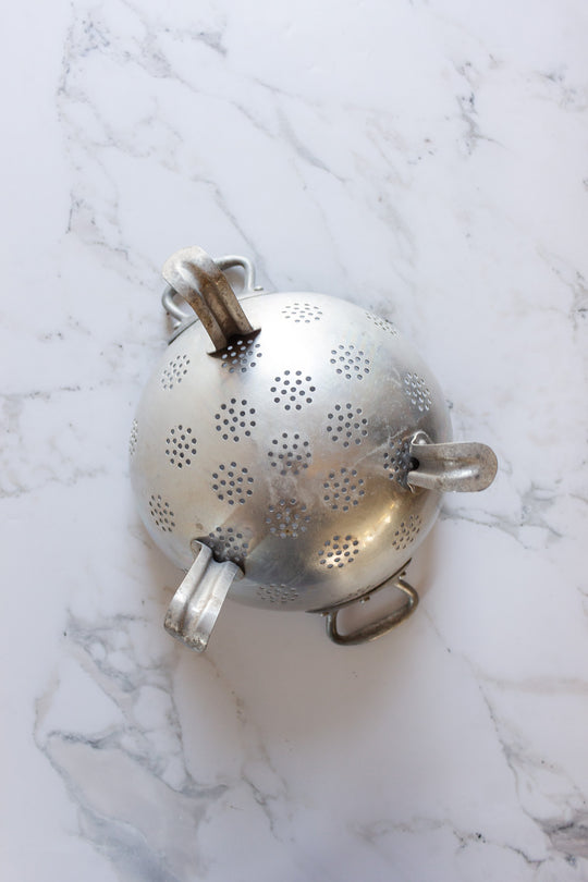vintage french standing aluminum colander