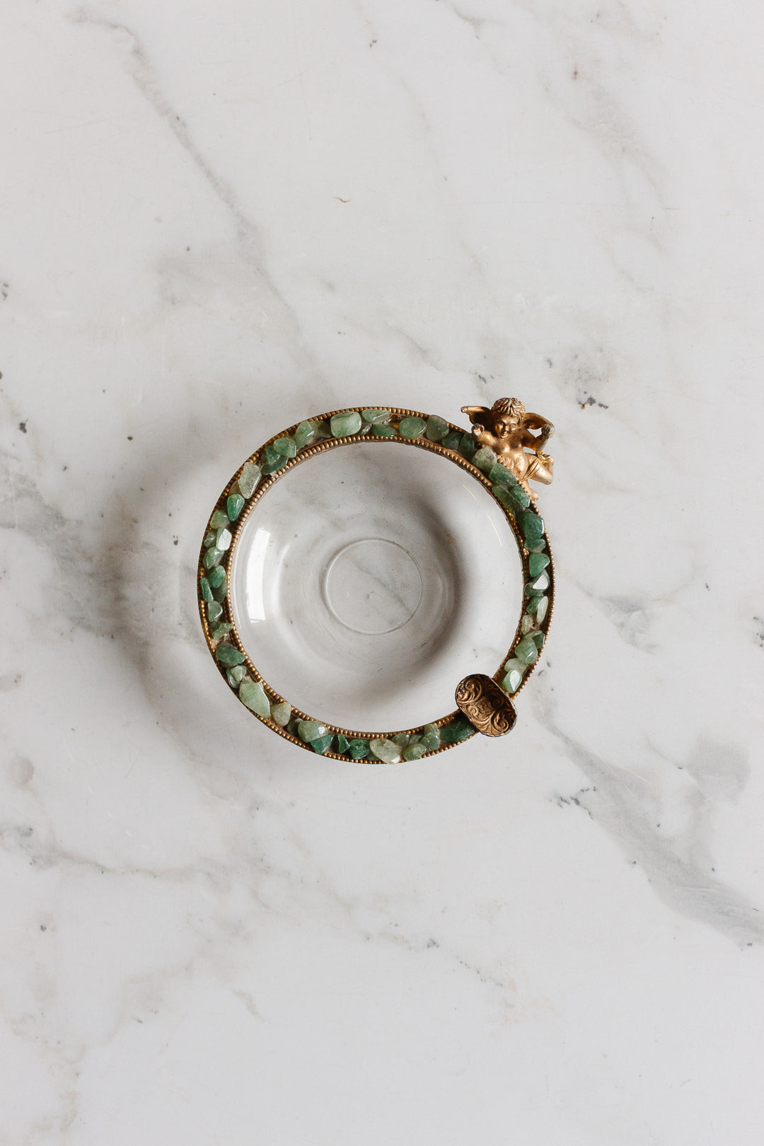 antique french glass "cendrier" with cherub and green aventurine stones