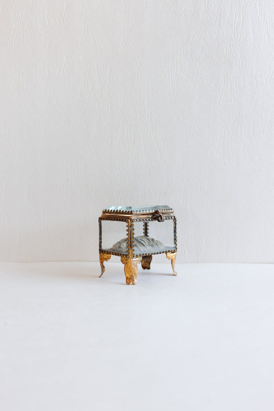 antique French rectangular beveled glass and gilt ormolu bijoux casket