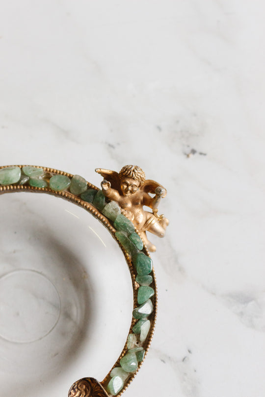 antique french glass "cendrier" with cherub and green aventurine stones