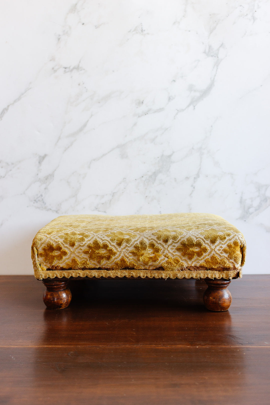 antique european wood and fabric foot stool
