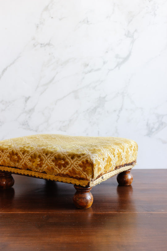 antique european wood and fabric foot stool