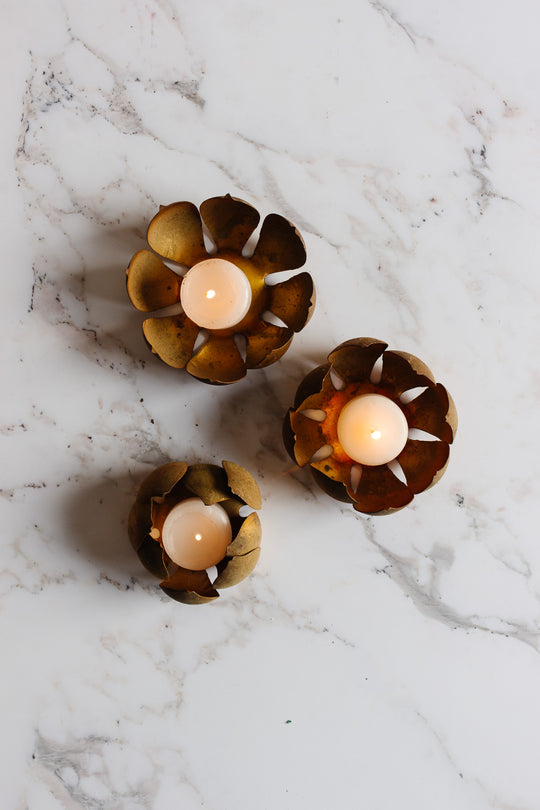 antique French brass nesting candle holders, set of three